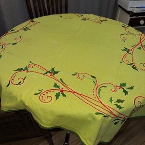 Festive Green and Red Linen Embroidered Tablecloth